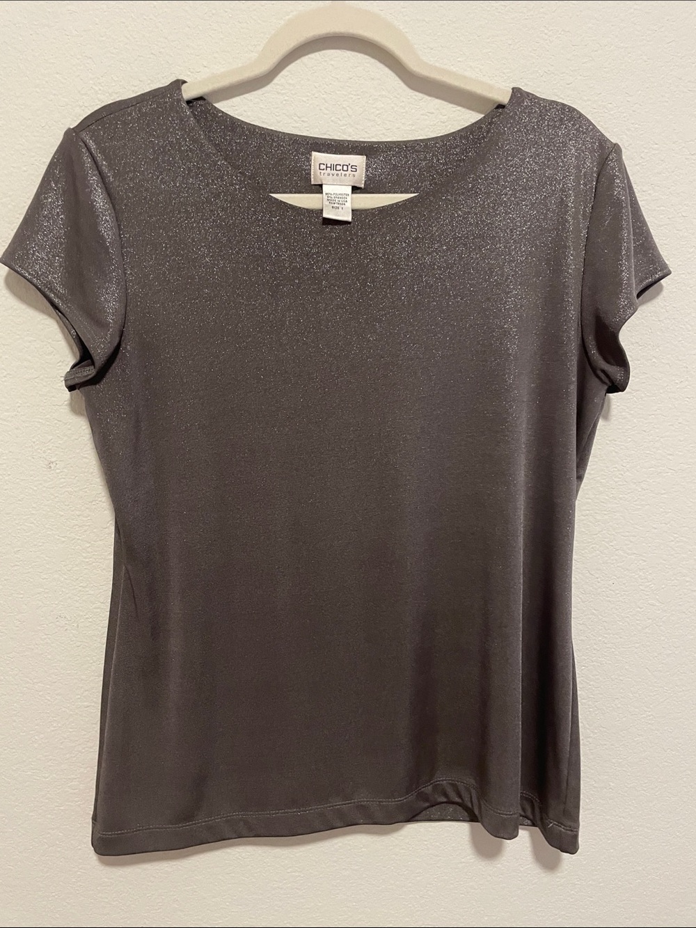 Chico's Shimmery Gray Short Sleeve Crew Neck Top